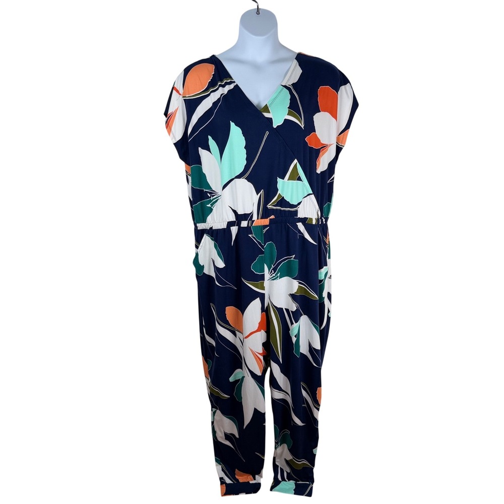 Cuddl Duds Floral V-Neck Flexwear Jumpsuit Navy Blue Orange Teal 2X A373487